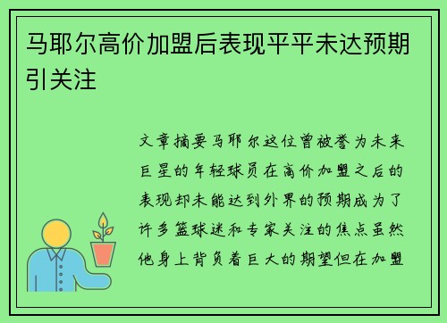 马耶尔高价加盟后表现平平未达预期引关注