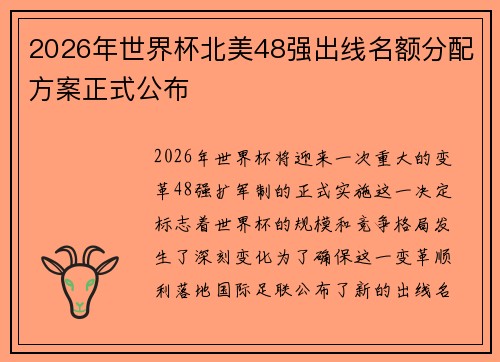 2026年世界杯北美48强出线名额分配方案正式公布